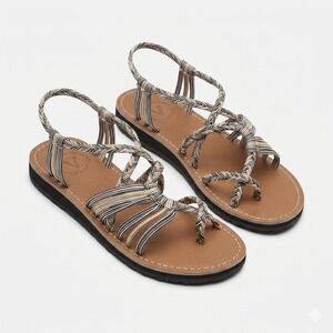 Vines Islandwear Womens Size 10 Braided Cord Multi Strap Flat Sandals Black Tan